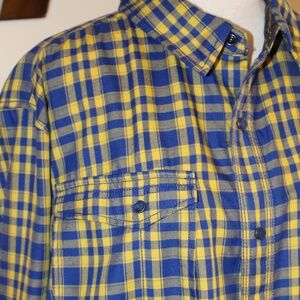 North Face, yellow & Blue plaid flannel snap buttons long sleeve shirt